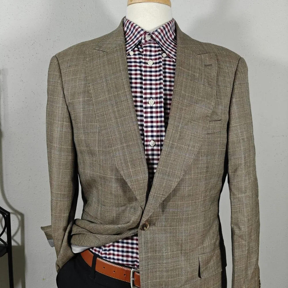 Apollo King Men's Sport Coat Blazer Single Button Brown Plaid 150s Wool Peak 42R